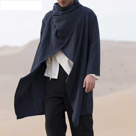 2022 Spring Autumn Men Coats Long Sleeve Jackets  Scarf Collar   Ponchos Cotton Outwear Solid Cloak Vintage Irregular Trench ► Photo 1/6