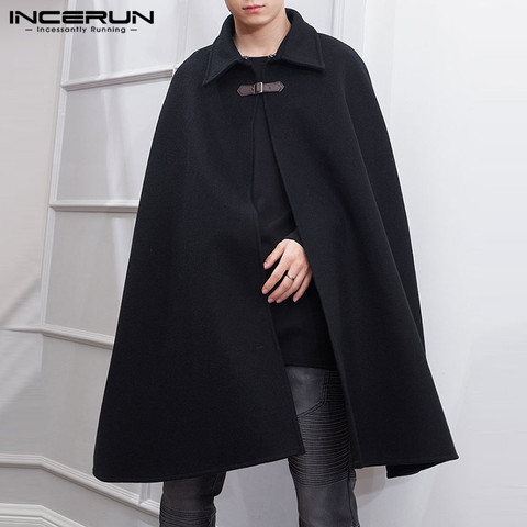 INCERUN 2022 Fashion Men Cloak Coats Solid Color One Button Lapel Cape Trench Streetwear Winter Faux Blends Overcoat Men Jackets ► Photo 1/6