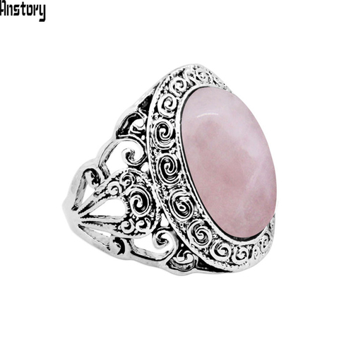 Vintage Pink Quartz Jades Amethysts Rings For Women Antique Silver Plated Plant Snail Fashion Ring ► Photo 1/6