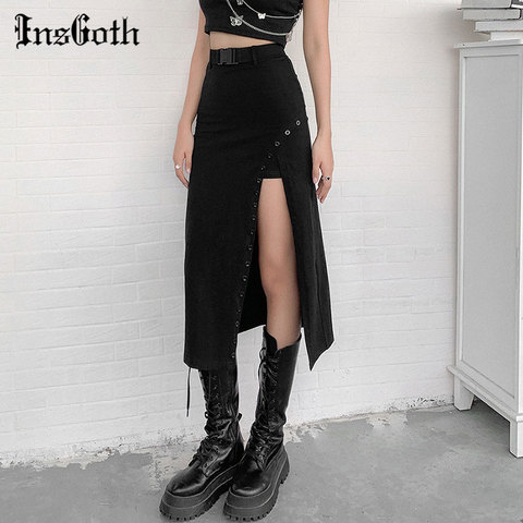 InsGoth Harajuku Black Skirt Goth Punk Buckle High Waist Slit Skirt Grunge Kpop Sexy Hollow Out Midi Skirt Women Streetwear ► Photo 1/6