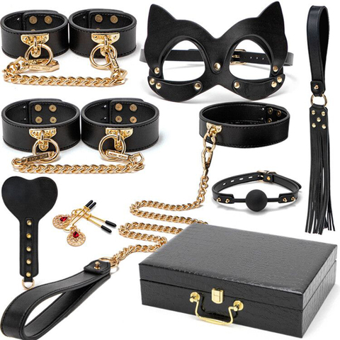 BLACKWOLF BDSM Bed Bondage Kits Genuine leather Restraint Set Handcuffs Collar Gag Erotic Sex Toys For Women Couples Adult Games ► Photo 1/6