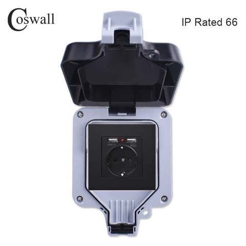 Coswall IP66 Weatherproof Waterproof Anti-UV Dust-proof Outdoor EU Standard Wall Socket With Dual USB Charging Surface Mounted ► Photo 1/5