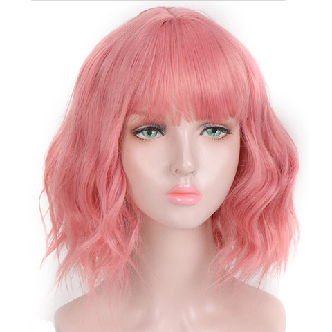 AOSI Synthetic Short Wavy Pink Purple Black Bob Natural Hair Wig With Bangs Heat Resistant Fiber Cosplay Lolita Wigs For Women ► Photo 1/6