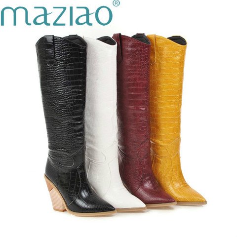 Black Yellow White Knee High Boots Western Cowboy Boots for Women Long Winter Boots Pointed Toe Cowgirl wedges Motorcycle Boots ► Photo 1/6