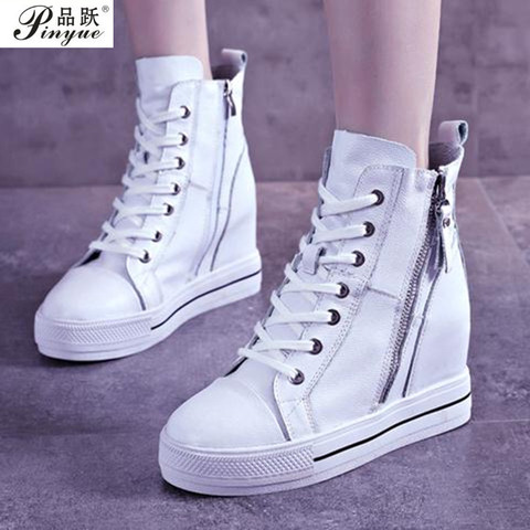 New Autumn Winter Lace-up High-top Genuine Leather Shoes Women Sneakers Shoes High Heels Increase Within Wedges Casual Shoes ► Photo 1/6