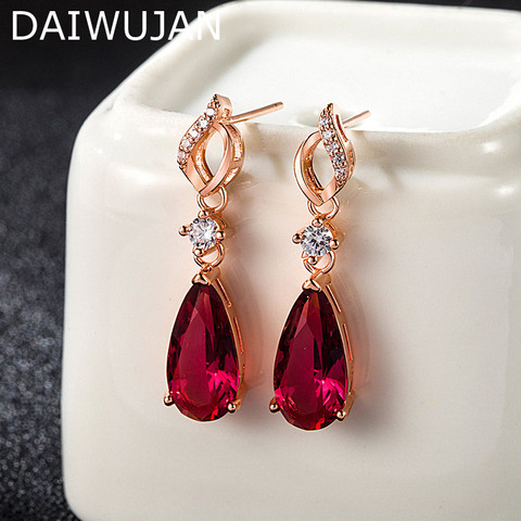 DAIWUJAN 925 Silver Water Drop Shaped Red Crystal Earrings Rose Gold Ruby Dangele Earrings for Women Wedding Party Jewelry ► Photo 1/6