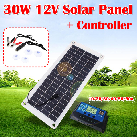 Solar Panel Kit Complete 30W 12V Dual USB Output Solar Cells Poly Solar Board 10-60A Controller Outdroor Battery Power Charger ► Photo 1/6