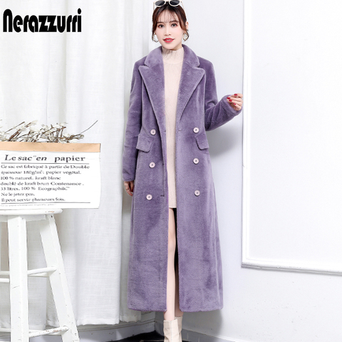 Nerazzurri Winter real fur coat women 2022 long sleeve peaked lapel Natural fur trench coats for women Long shearling lamb coat ► Photo 1/6