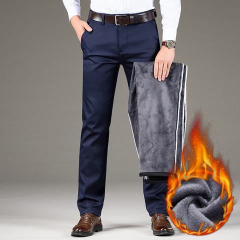 Winter New Men Warm Casual Pants Business Fashion Straight Fit Fleece Thicken Stretch Trousers Male Brand Black Khaki Navy Gray ► Photo 1/6