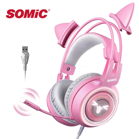 SOMIC Pink Gaming Headset 7.1 Surround-Sound G951 Cat Ear Stereo Noise Cancelling Head Phone Vibration LED USB Headsets for Girl ► Photo 1/6