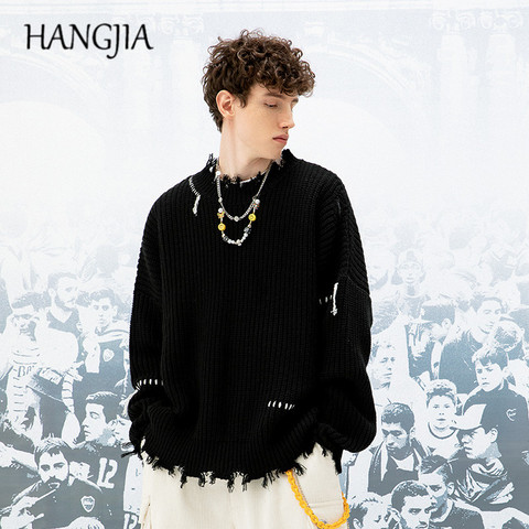 Half Turtleneck Sweater Men's Streetwear Wash Destroyed Sweater Hip Hop Tassels Ripped Knit Sweaters Oversize Pullovers Autumn ► Photo 1/6