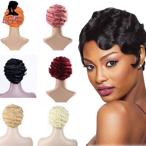 Short Finger Wave Wig Synthetic Black Pink Red Cosplay Hair High Temperture Fiber Cosplay Wigs for Black Women LUPUWIG ► Photo 1/6