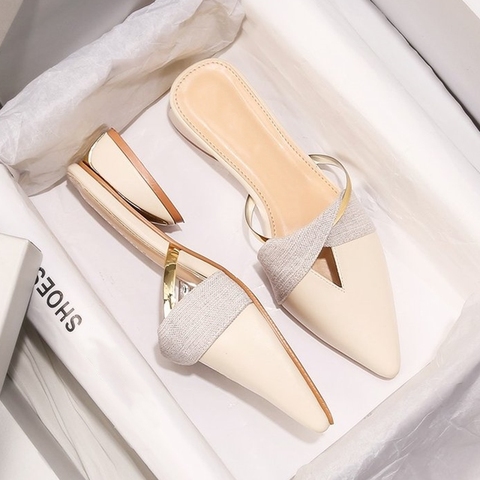 Elegant Low Heel Women Mules Summer Sexy Pointed-Toe Ladies Slippers Slip on Leisure Ladies Office Shoes Beige Pumps Female ► Photo 1/6