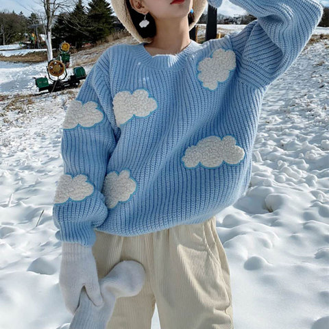 Women's Cozy Clouds Sweater Cute Cartoon Long Sleeve Crew Neck Pullover Jumper Fall Winter Knit Tops / ► Photo 1/6
