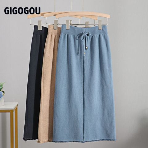 GIGOGOU Autumn Winter Knit Women Skirt Drawstring Midi Skirts Autumn Winter Long Maxi Bodycon Skirt Pencil Sweater Skirt ► Photo 1/6