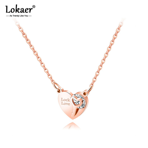 Lokaer Romantic Lock Love CZ Heart Key Charm Pendant Necklaces Titanium Steel Rose Gold Chokers Necklace For Women Girls N17058 ► Photo 1/6