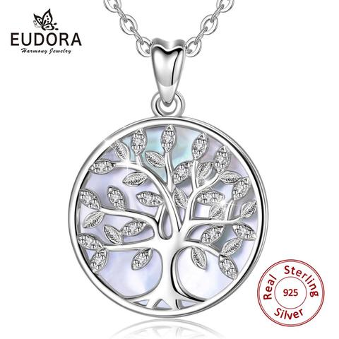 EUDORA 925 Sterling Silver Tree Of Life Pendant Crystal Leaf Goddess Mother of Pearl Necklace Fashion Jewelry Gift with Box D170 ► Photo 1/6