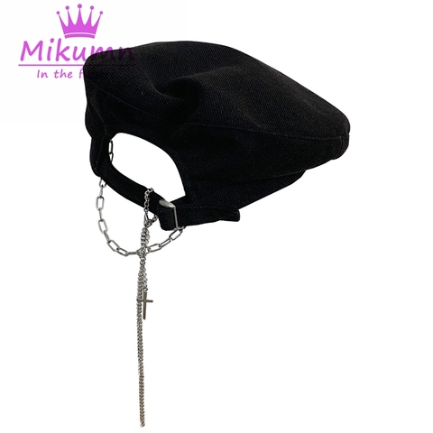 Harajuku Black Cross Chain Adjustable Beret Hat For Women Girl ► Photo 1/6