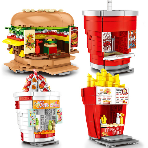 City Hamburger Ice Cream Drink French Fries Snack Selling Store Building Blocks Bricks Street View Toys for Children ► Photo 1/4