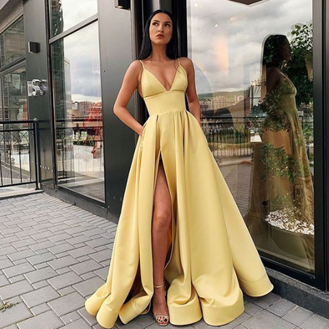 2022 New Arrival Deep V Neck Long Prom Dresses Satin Gold Vestidos De Festa Sexy Evening Party Dress High Slit With Pocket ► Photo 1/5