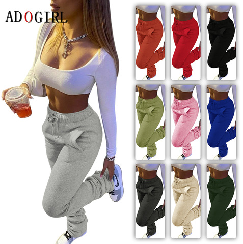 Casual Solid Stacked Sweatpants Women Casual Elastic Waist Jogger Trousers Autumn Winter Thick Warm Ruched Legging 7 Color 3XL ► Photo 1/6