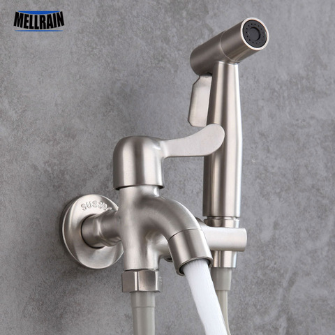Bathroom Water Tap & Bidet Sprayer Kit. Stainless Steel Wash Machine Tap With Toilet Bidet Faucet With Independent Switch ► Photo 1/6
