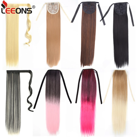 Leeons 20'' Synthetic Ponytail Hair pieces Heat Resistant Fiber Straight Ribbon Clip In Hair Extension 21 colors Brown Black ► Photo 1/6