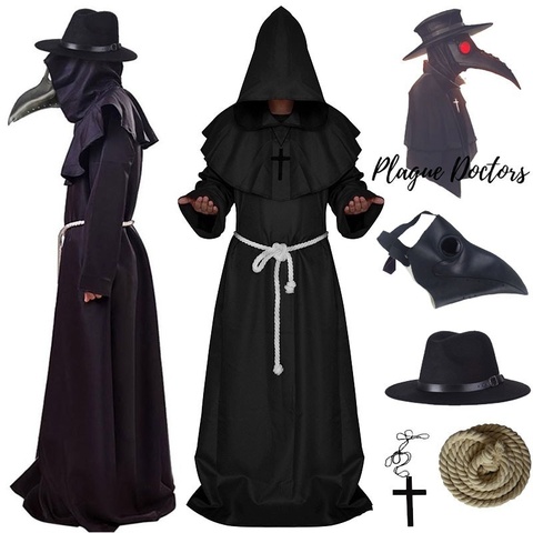 Adult Hooded Black Robe with Red Trim for Halloween One Size