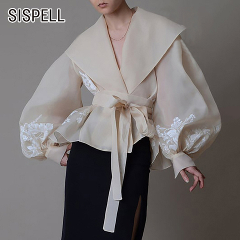 SISPELL Lantern Sleeve For Female Blouse Shirts Lapel Collar Lace Up Bowknot High Waist Slim Embroidery Women's Vintage Shirt ► Photo 1/6