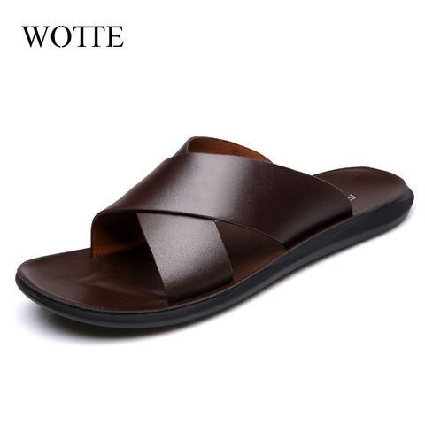 WOTTE New Fashion Summer Men Shoes Vintage Italian Flats Casual Non-slip Beach Sandals Leather Flip Flop Slippers Flat Sandals ► Photo 1/6