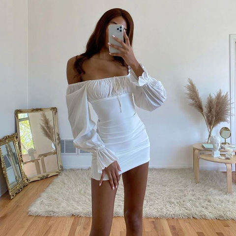 Yimunancy Square Collar Bodycon Dress Women Long Sleeve Dress Autumn Drawstring White Dress Robes ► Photo 1/6