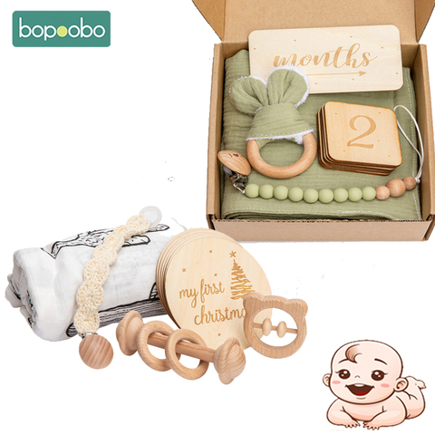 Bopoobp Baby Milestone Set Wooden Toy Cartoon Animal Bunny Fox Cactus Elephant Multi-Function Baby Shower Box Kid Birth gift ► Photo 1/6