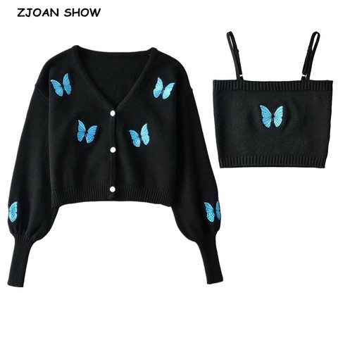 1 set Korea Style Vintage Embroidery Butterfly Cardigan Tank Top Single-breasted Button Knitted Crop Sweater Jumper ► Photo 1/6