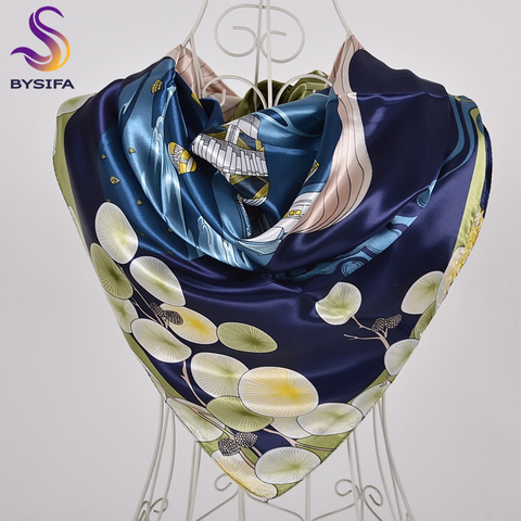 BYSIFA  Blue Green Silk Scarf Shawl Ladies Accessories Fashion Brand Square Scarves New Elegant Female Head Neck Scarves Hijabs ► Photo 1/5