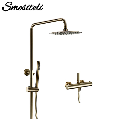 Thermostaic Temperature Bathroom Faucet Brushed Gold Brass Wall-Mount Rain Shower Head Hand Sprayer Two-Function Hot Cold Mixing ► Photo 1/6