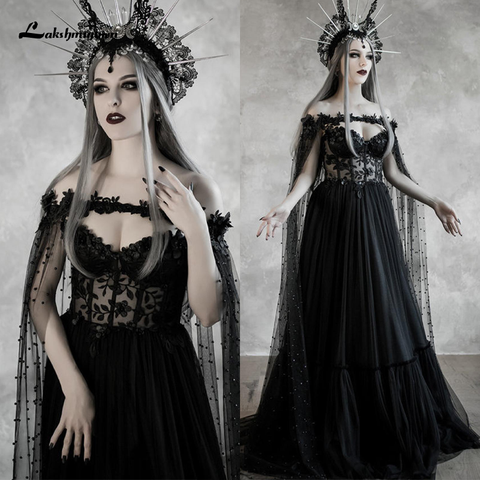 Lakshmigow Dark Fairytale Gothic Black Wedding Dresses with Cupped Corset Bodice Fantasy Bridal Gown Halloween Wedding Cloak ► Photo 1/6