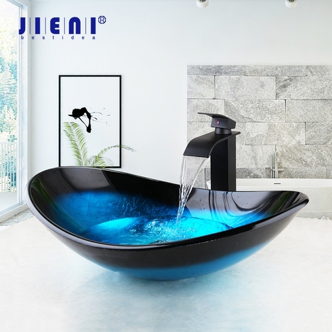 JIENI Blue Tempered Glass Hand Painted Waterfall Spout Basin Black Tap Bathroom Sink Washbasin Bath Brass Set Faucet Mixer Taps ► Photo 1/6