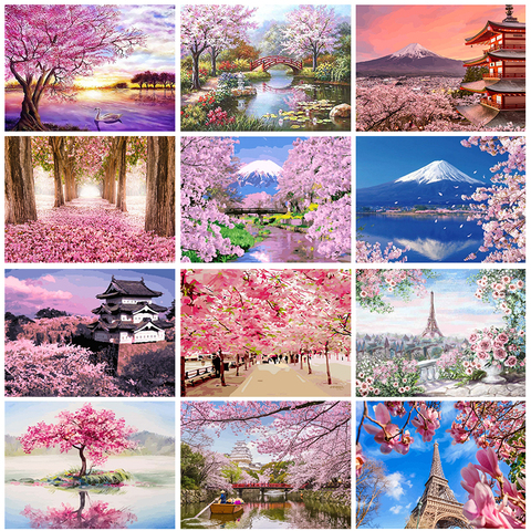 Gatyztory DIY Painting By Numbers Cherry Blossoms Landscape HandPainted Art Gift Scenery Canvas Drawing Home Decor 60x75cm Frame ► Photo 1/6
