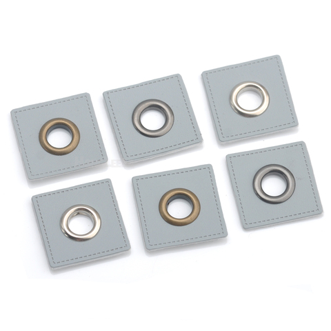 30pcs/lot 27mm square GREY PU leather sew on Badges patch labels + inner 8mm metal brass eyelets grommets free ship ► Photo 1/6