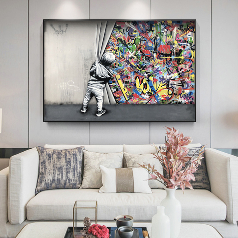 Modern Street Art Pictures Kids Lover Behind The Curtain Graffiti Art Painitngs on the Wall Art Posters and Prints Home Decor ► Photo 1/6