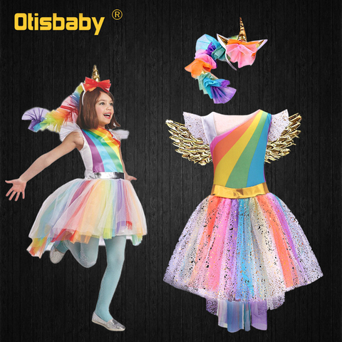 Girl Halloween Rainbow Pony Costume Infant Unicorn Dress Horse Girl Flutter Sleeve Glitter Pony Dress Angel Wings Headband Kids ► Photo 1/6