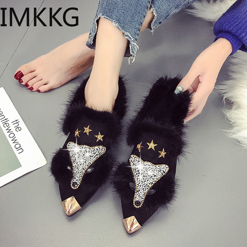 Crystal fox pattern winter flat loafers women metal pointed toe glitter fur moccasins brand design ballet flats ladies shoes ► Photo 1/6