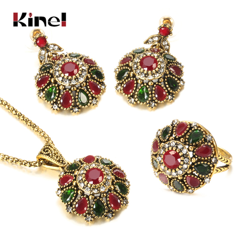 Kinel Hot Ethnic Bride Crystal Flower Earring Ring Jewelry Sets Fashion Antique Gold Necklace For Women Boho Jewelry Wholesale ► Photo 1/6