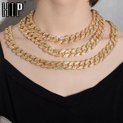Hip Hop Miami Curb Iced Out Cuban Chain Necklace 15MM Gold Paved Rhinestones CZ Bling Rapper Necklaces For Men Women Jewelry ► Photo 1/6