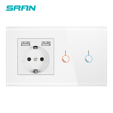 SRAN Touch sensor switch with socket with usb crystal glass panel 146*86 220V 16A wall socket with light switch 1gang and 2gang ► Photo 1/6