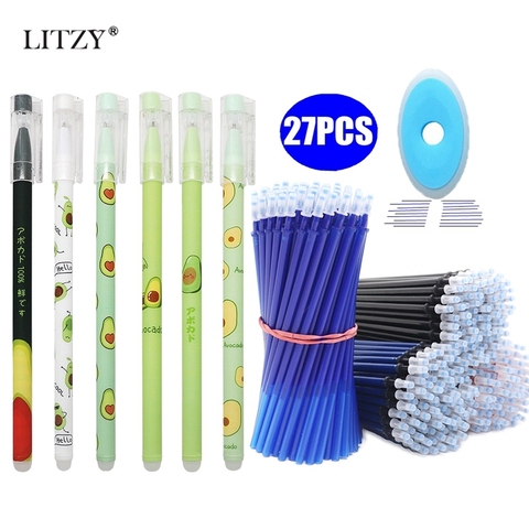 27Pcs/Lot Avocado Erasable Gel Pen Blue Ink 0.5mm Washable Handle Kawaii Stationery Pens Refill Rods for School Writing Tools ► Photo 1/6