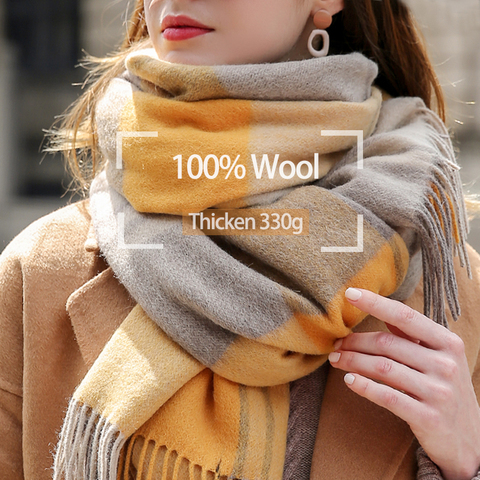 100% Wool Scarf Women Thicken Warm Shawls Wraps Checkered Pashmina Foulard Femme Winter Plaid Cashmere Scarves Bufandas Invierno ► Photo 1/6