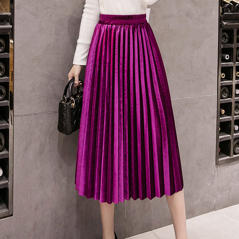 2022 Autumn Winter Velvet Skirt High Waisted Skinny Large Swing Long Pleated Skirts Metallic Plus Size Faldas Saia Fashion Femal ► Photo 1/6