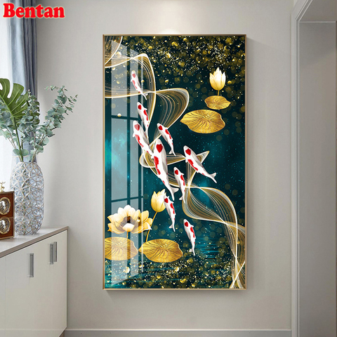 3d picture of rhinestones mosaic Nine Koi Fish Lotus wall painting living room home decoration full set embroidery diamond round ► Photo 1/6