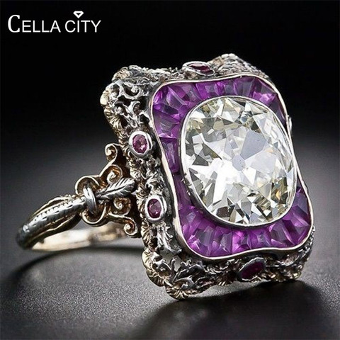 Cellacity Punk style Silver 925 Jewelry Amethyst Ring for Women Large Round Gemstones Hyperbole Geometry Rings Party Female Gift ► Photo 1/6